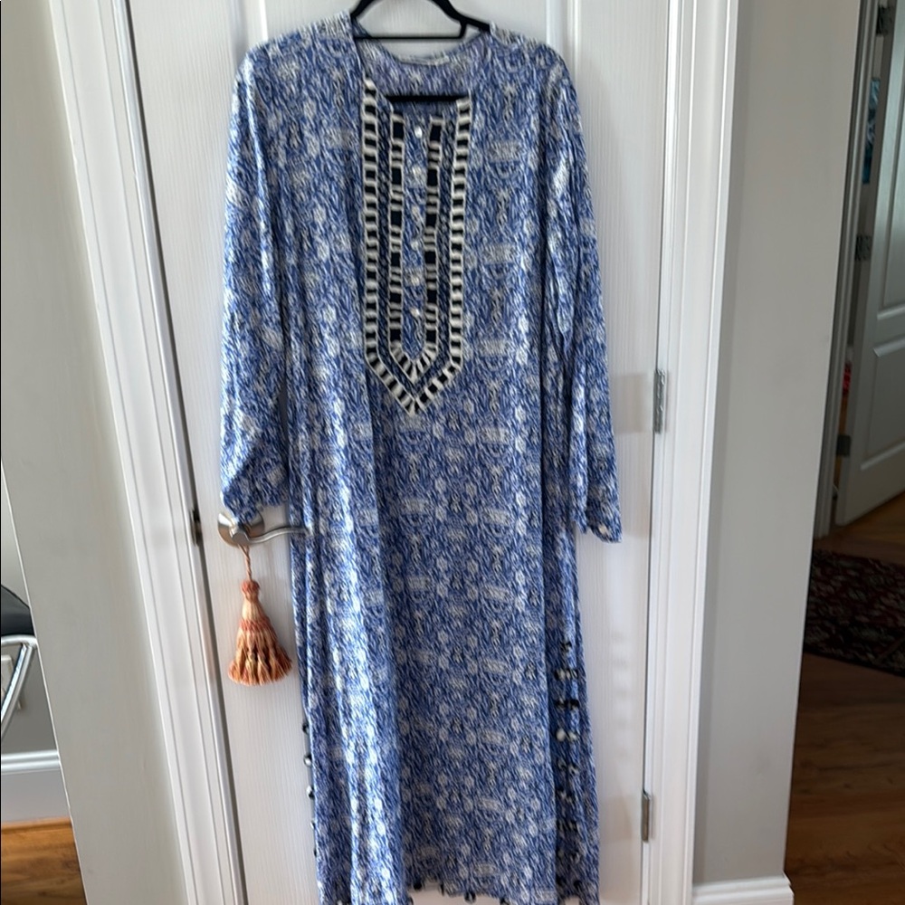 Roller Rabbit Blue Embellished Ruffled Long Sleeve Dress